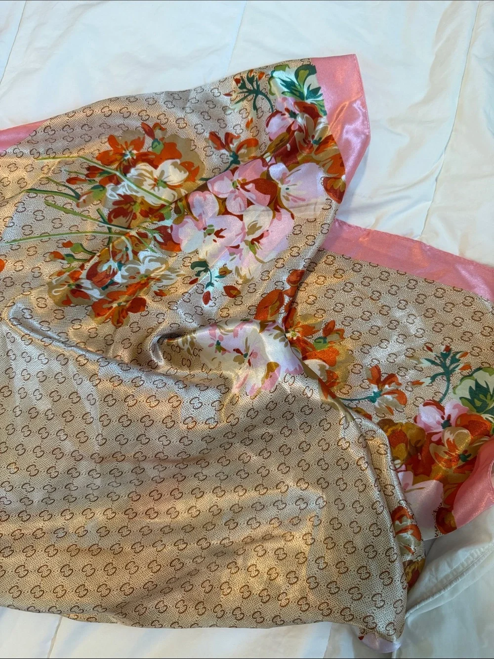 Floral Silk Scarf with Pink Border